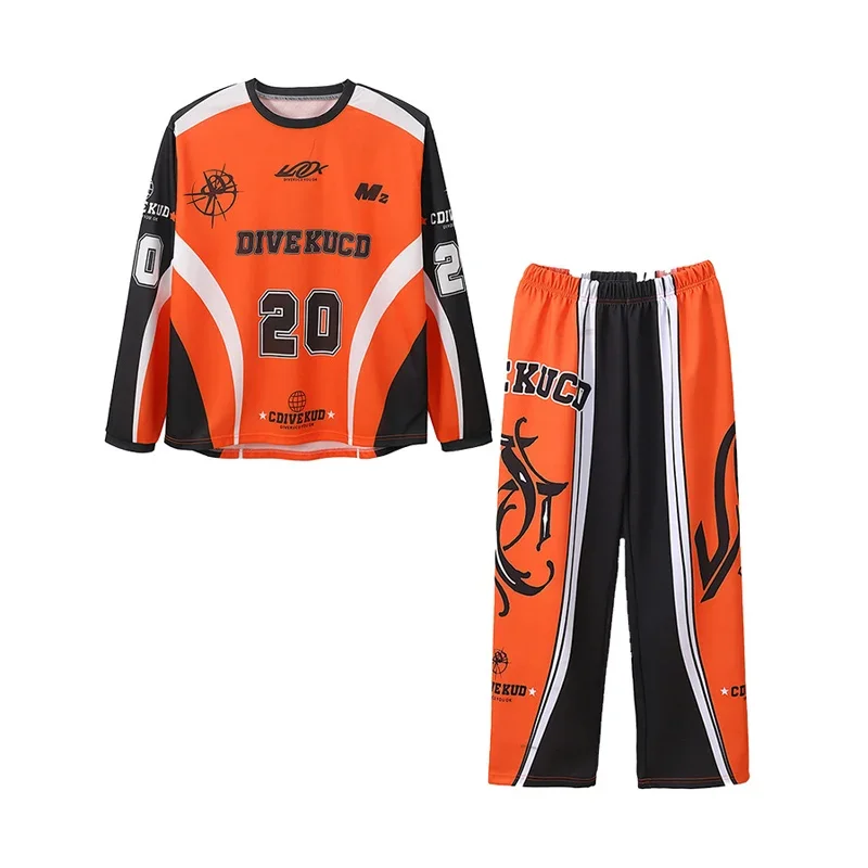 

Одежда в стиле хип-хоп для девочек, оранжевая гоночная футболка с длинными рукавами, топ, широкие брюки-карго для мальчиков, детский костюм для джазовых танцев, комплекты одежды