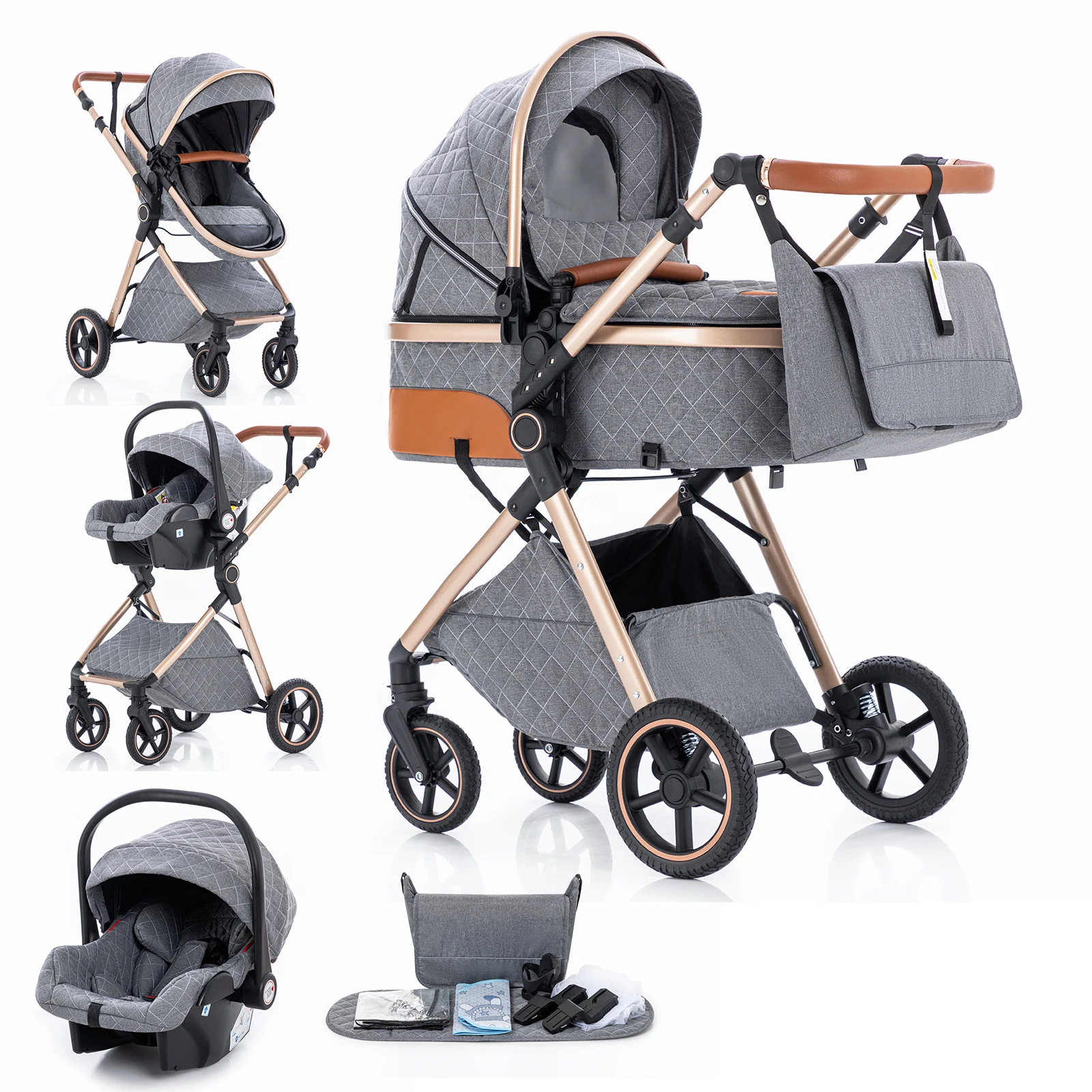 Baby Stroller 3 in 1 Portable Baby Carriage Folding Prams High Landscape Multifunction Pushchair Compact Folding Travel image 3