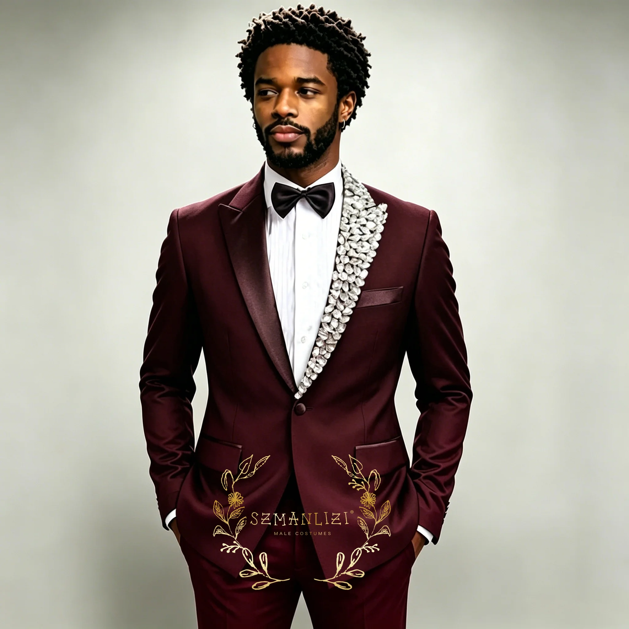 Luxury Burgundy 2 Piece Sets Suit Men Formal Wear Single Breasted Prom Blazer Customized Crystals Groom Wedding Tuxedos Attire