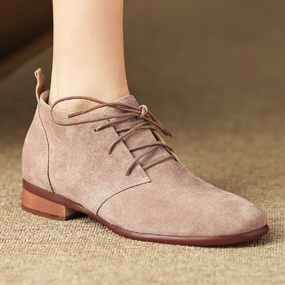 

Women's natural suede leather lace-up flats autumn ankle boots round toe soft comfortale high quality short booties shoes women