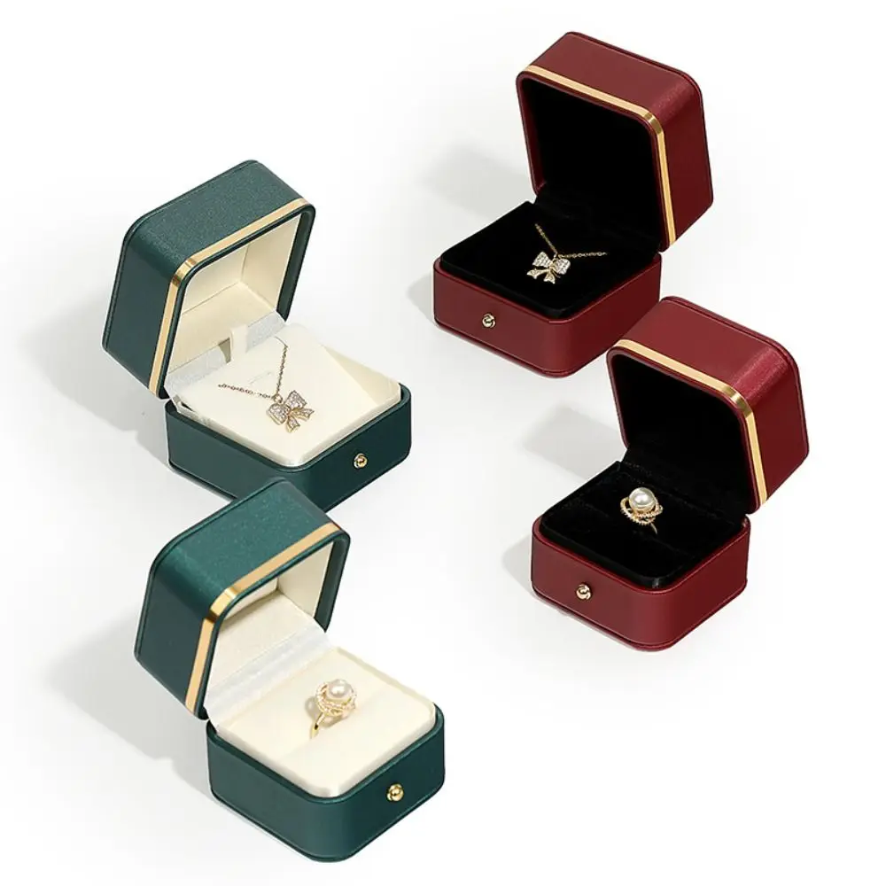 Durable PU Leather Square Ring Box Gold Trim Elegant Ring Display Boxes Velvet Interior Ring Storage Case Engagement