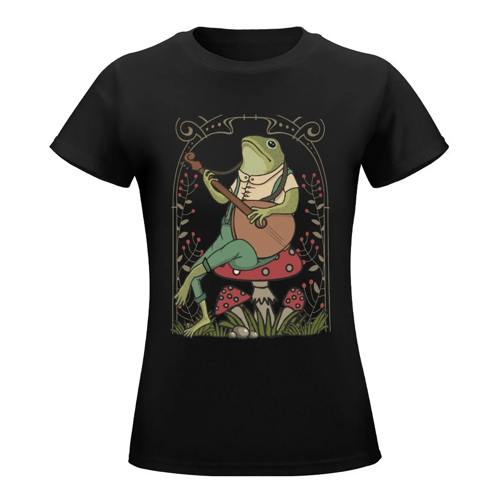 Cute Cottagecore Frog Playing Banjo Sitting On A Mushroom Naturecore Aesthetic Retro Art T-Shirt