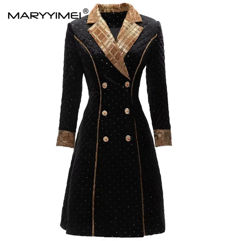 

MARYYIMEI Fashion Runway Spring Winter Coat Women's Long Sleeve Double-breasted Slim Black Jackets Overcoat