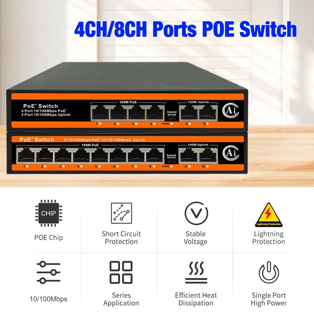 

PEGATAH POE Switch 4/8 Port, Active POE IP Cameras/CCTV Security, Wireless AP Switch, Gigabit IEEE 802.3 AF/AT Smart PoE power