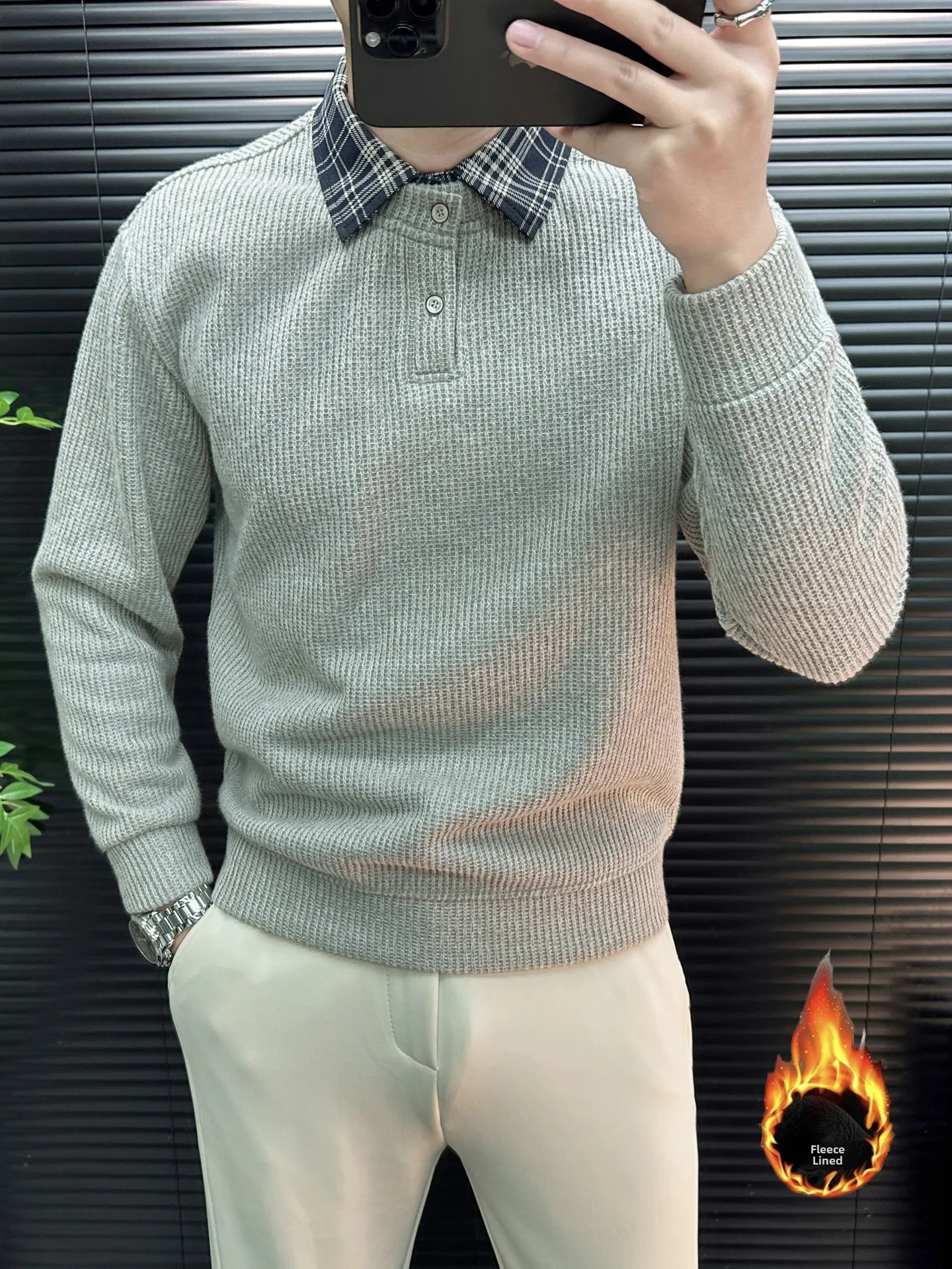 

High-End Winter Heavyweight Faion Simple Commute irt Collar Fake Two-Piece Knitwear Men's Loose Casual Fce-Lined Sweater