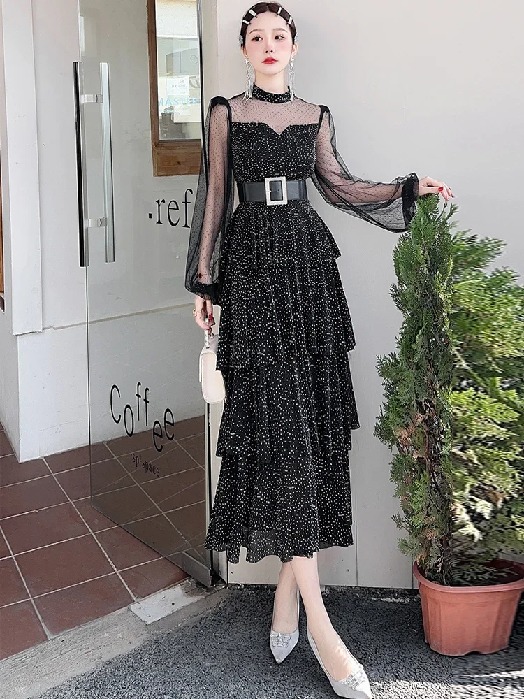 Francese elegante maglia trasparente Splicing colletto alla coreana manica lunga Dot cintura a vita alta Slim a-line multistrato abito lungo donna estate