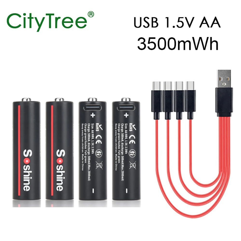 CityTree 1.5V 3500mWh AA Rechargeable Battery USB Type-C Rechargeable AA Li-ion Battery for Remote Control Electric Toys Mouse