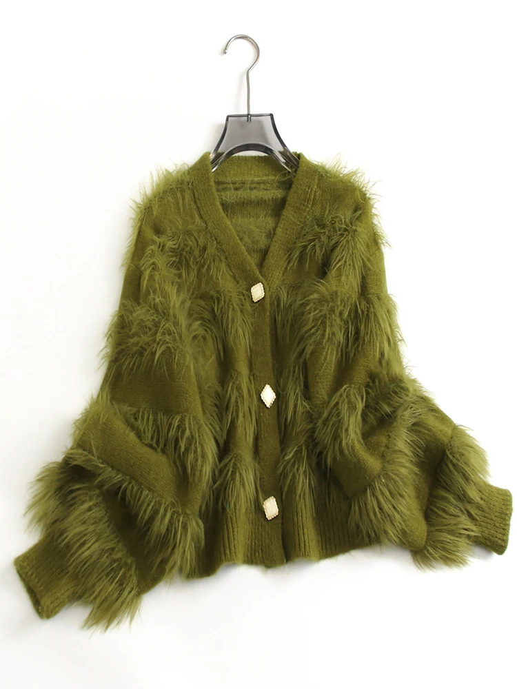 

Women Autumn Winter Solid Color Plush Faux Mink Fur Warm V-neck Knitted Cardigan Long Sleeved Sweater