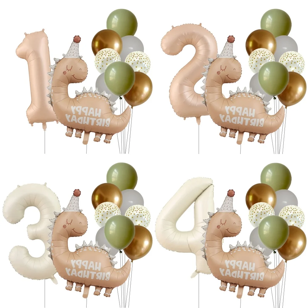 Retro Matte Karamell Farbige Dinosaurier Aluminium Film Anzahl Ballon Set Alles Gute Zum Geburtstag Party Dekoration Kinder Hintergrund Foto Prop