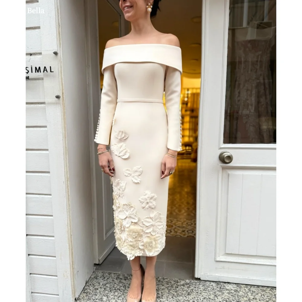 

Bella Customized White 3D Flowers One Shoulder Strapless robes de soirée Long Sleeves Evening Dresses Ankle-Length Wedding Dress