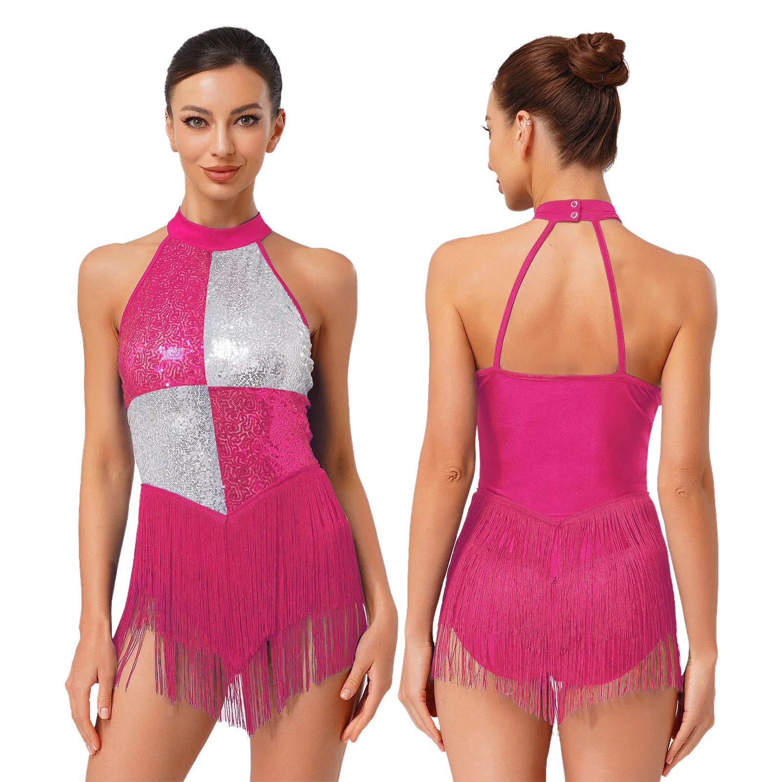

Womens Sequin Figure Skating Dress Ballet Latin Dance Leotard Backless Gymnastics Unitard Rumba Samba Salsa Fringed Dancewear