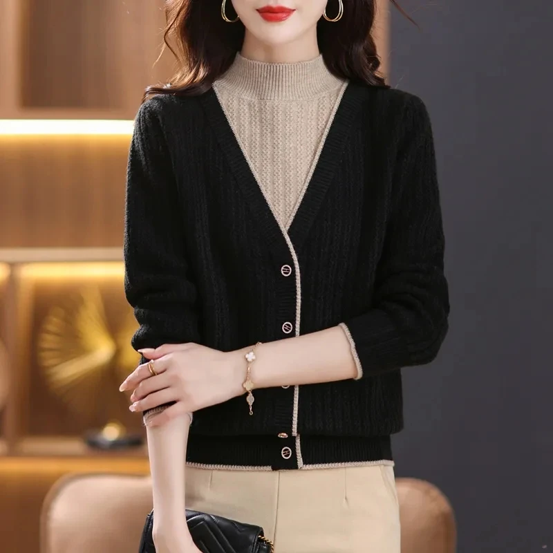 Korean Vintage Half High Collar Fake Two-piece V-neck Button Sweater Women Panelled Spring New Fashion Long Sleeved Knitted Top