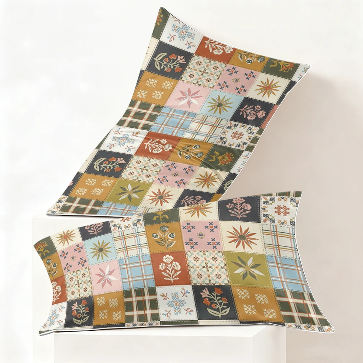 2PCS Vintage Patchwork Floral Plaid Grid Print Satin Pillowcase Soft Silk Pillow Cover Envelope Closure Bedroom Sofa Decor