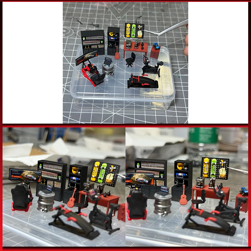 1:64 Racing Simulator Comic Bookcase Fitness Equipment Coffee Machine Skateboard Hole Board Display Cabinet Happy House Model