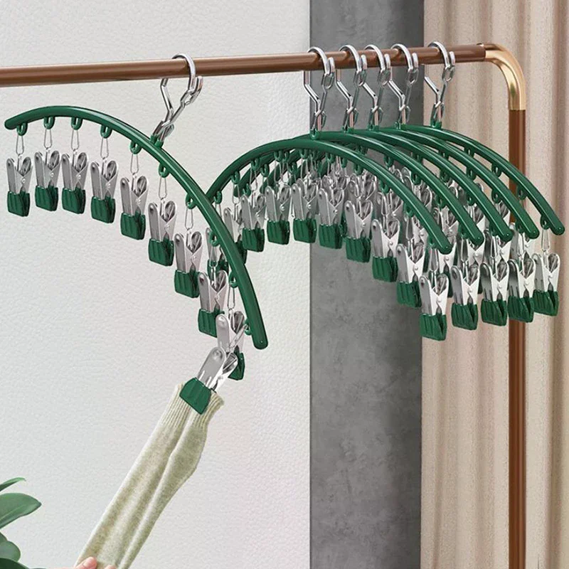 Stainless Steel Clothes Drying Hanger Metal Waterproof Drying Rack 10 Clips Hook Laundry Airer Hanger Underwear Socks Holder
