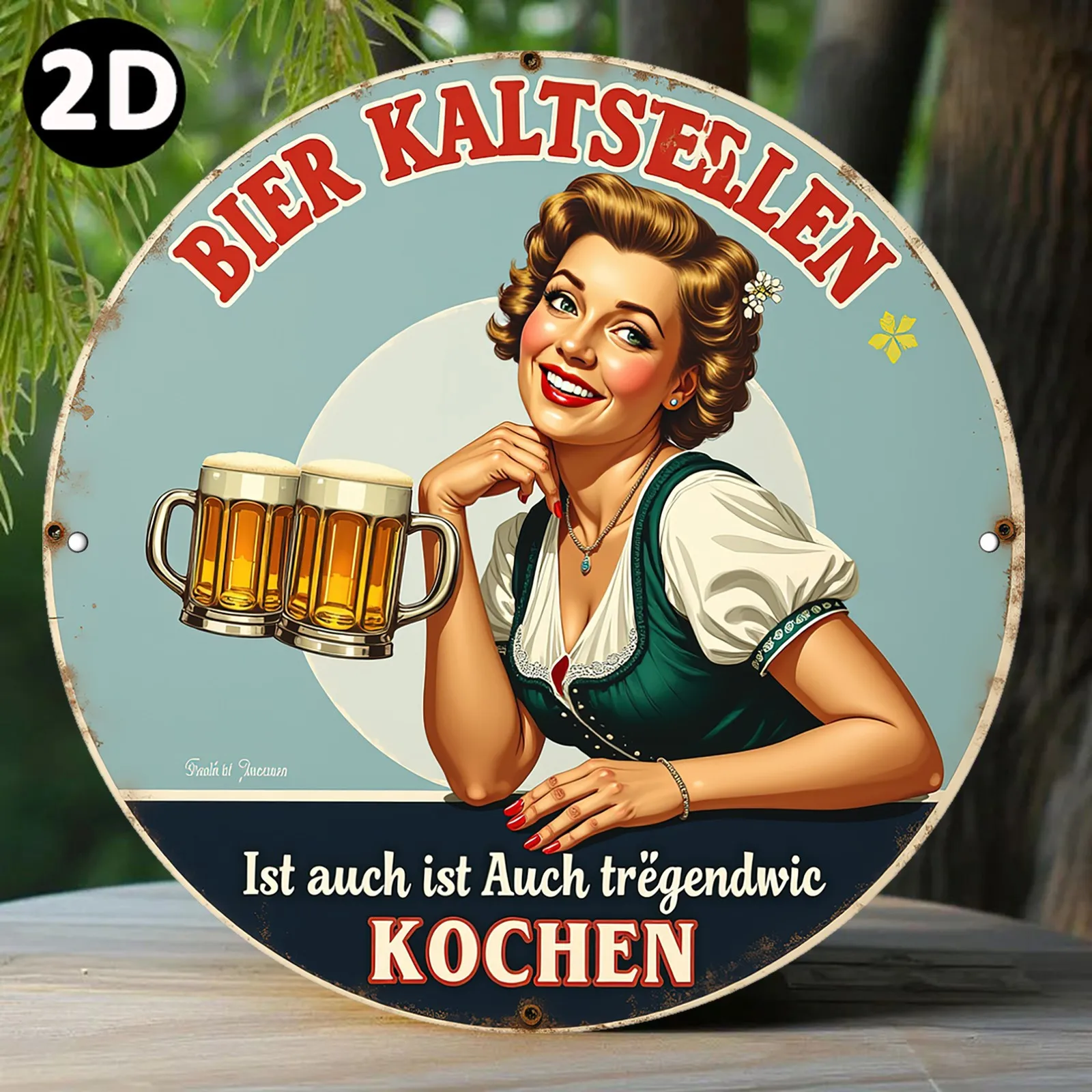 2D-gedrucktes rundes Metallschild aus Aluminium, Kunst im Vintage-Stil, bayerische Dame mit Bierkrug, perfekt für Schlafzimmer, Wohnzimmer