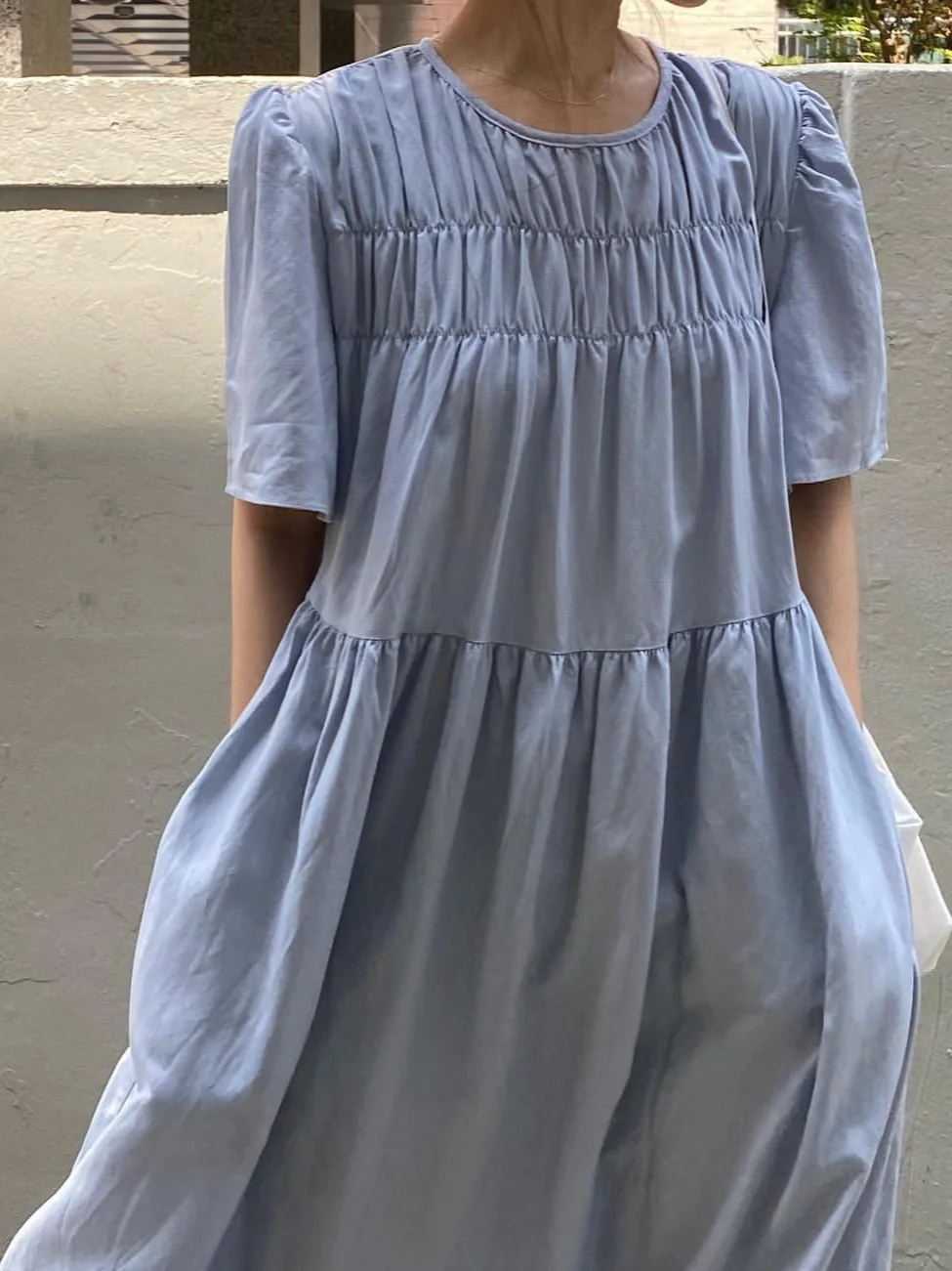 Robe bleue taille haute pour femmes, style coréen, ronde, plissée, amincissante, longue Dr, confortable, pour les déplacements, bulle Sve A-L...