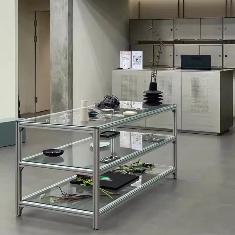 

Clothing store Nakajima Taiwan rectangular glass water table shoe bag display table stainless steel storage display table