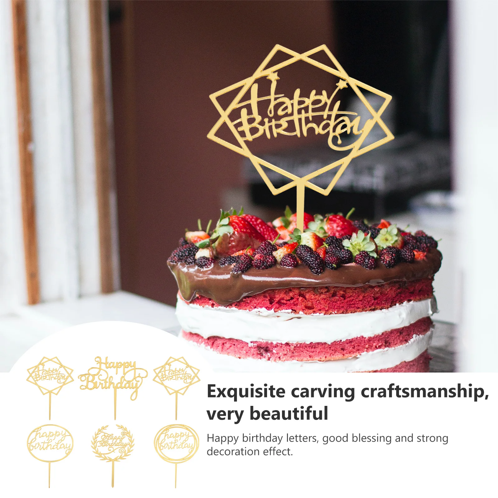 

6 Pcs Acrylic Birthday Cake Toppers Dessert Picks Reusable Wedding Theme Full Colors
