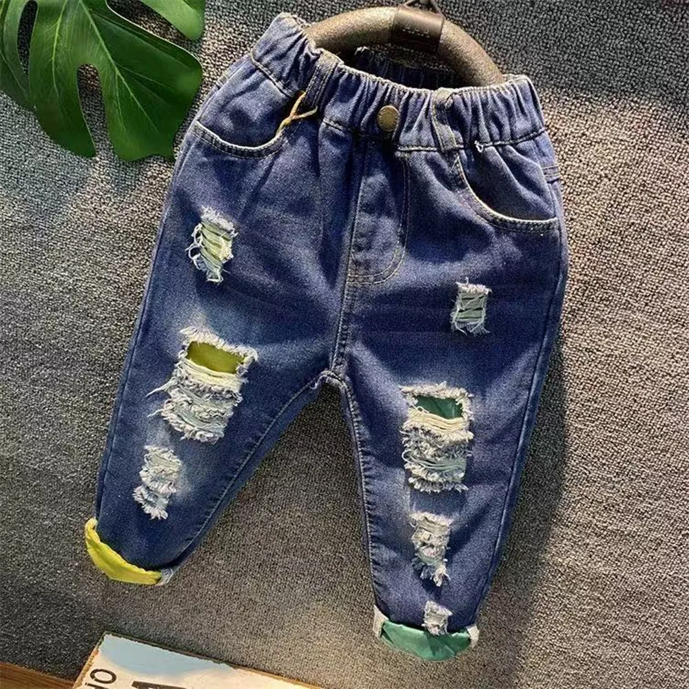 

Spring and Autumn Children's Jeans 2026 New Baby and Boy's Punched Pants Fashionable and Casual Trousers 90-130cm