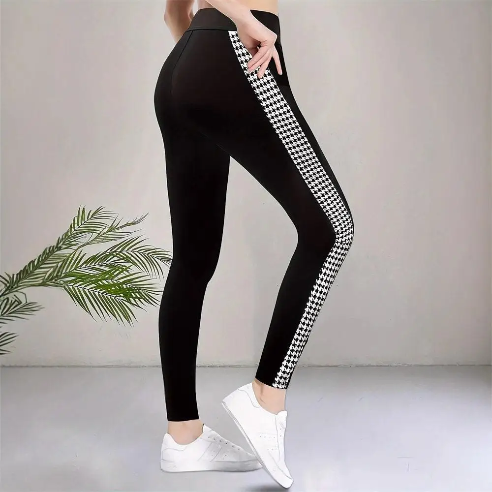 Cross-Border Women's Tight Fit Printed Casual Pants Elastic Waist Long Trousers High Waist Knitted Fabric Universal Size