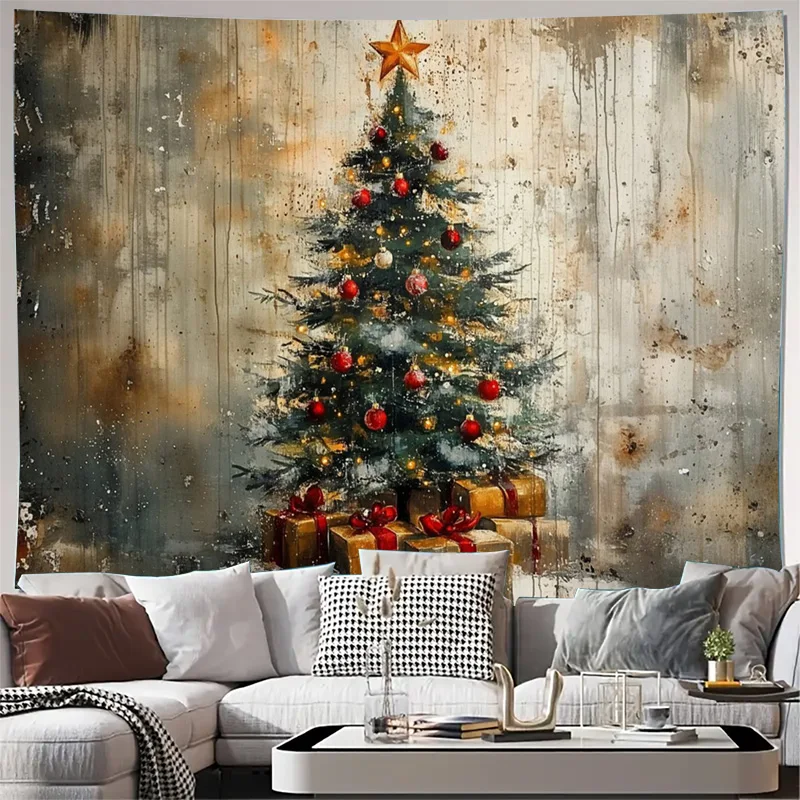 Rustic Christmas Tree Wall Tapestry Holiday Decor Grunge Festive Background Artwork Canvas Wall Hanging for Seasonal Home Improv