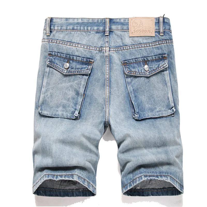 Men's Fashion Short Jeans With Multi Pockets Washed Blue Loose Fit Cargo Denim Shorts Casual Tactical Short Bottoms