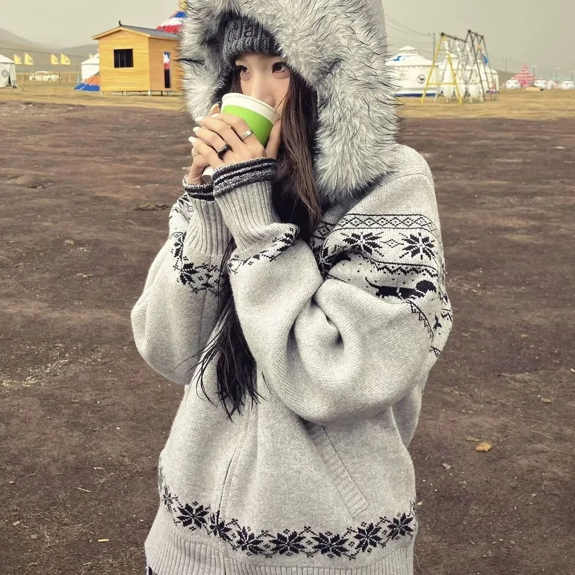 

Women Fur Hooded Sweater 2025 Autumn Slouchy Knitting Cardigan Fair Isle Pattern Fleece Lined Hood Soft Loose Knit Outerwear