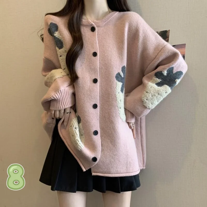 스웨터 니트웨어 여성용 루즈핏 레이지 컬리지 스타일 스웨터 코트 여성 가을 겨울 플러스 사이즈 롱 가디건 자카드 니트 탑