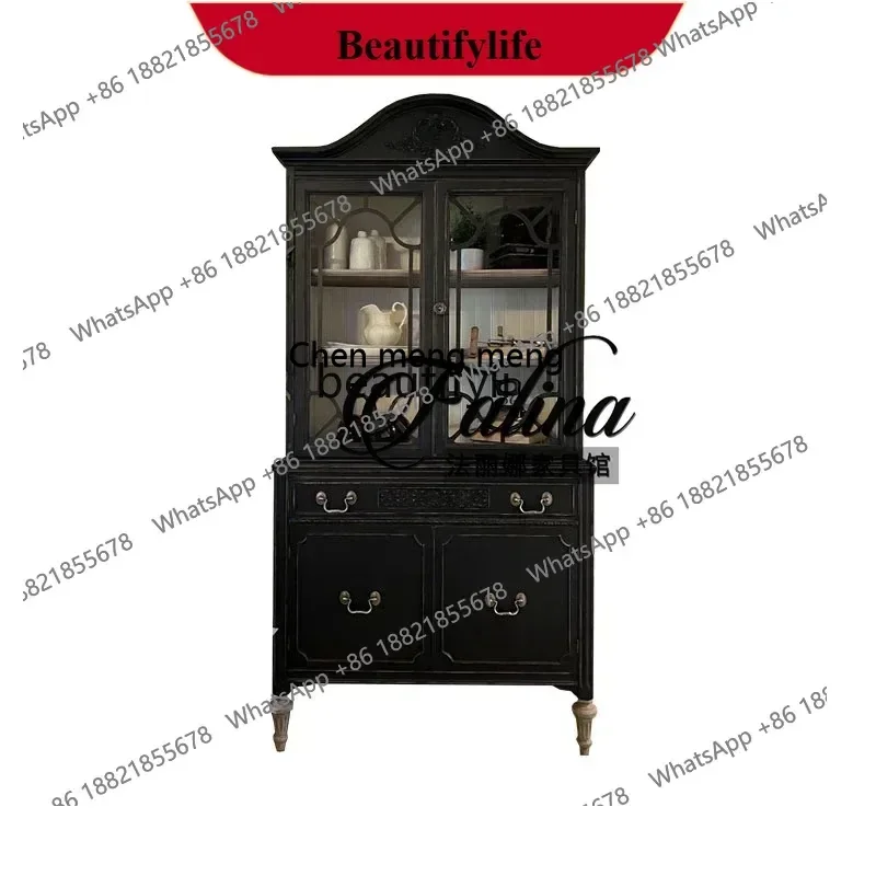 X  ss 8617French retro solid wood dining side cabinet integrated against the wall, American medieval, restaurant storage display