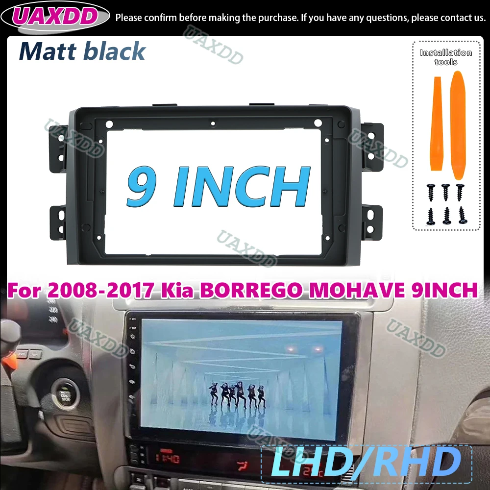 Kit adaptador de fáscia para quadro de carro, painel de painel de rádio android para kia borrego mohave preto fosco 9 polegadas 2din cabo de vídeo