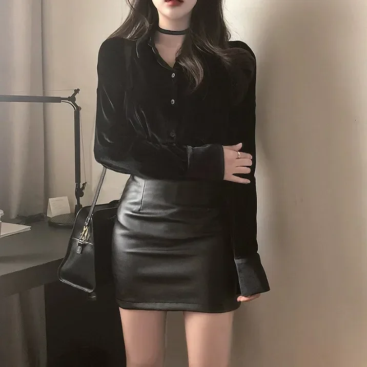 Pop Mini Dress Short Black Pu Leather Skirt Sexy Professional Tightening Women's Underwear 2024 New Style Ultra-short Female Sui