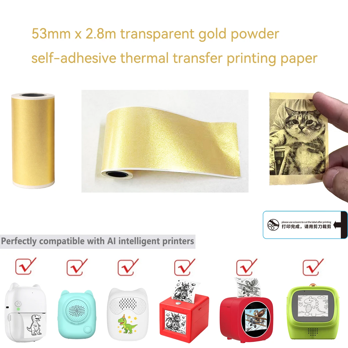 53mm x 2.8m Transparent Gold Powder Self‑Adhesive Thermal Transfer Printer Paper Roll Compatible Mini Portable Pocket Printer St