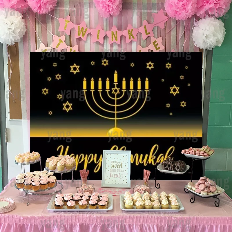 Custom Banner Happy Hanukkah Golden Background Jewish Party Candle Hollow Out Star Cartoon Newborn Child Interior Backdrop Wall