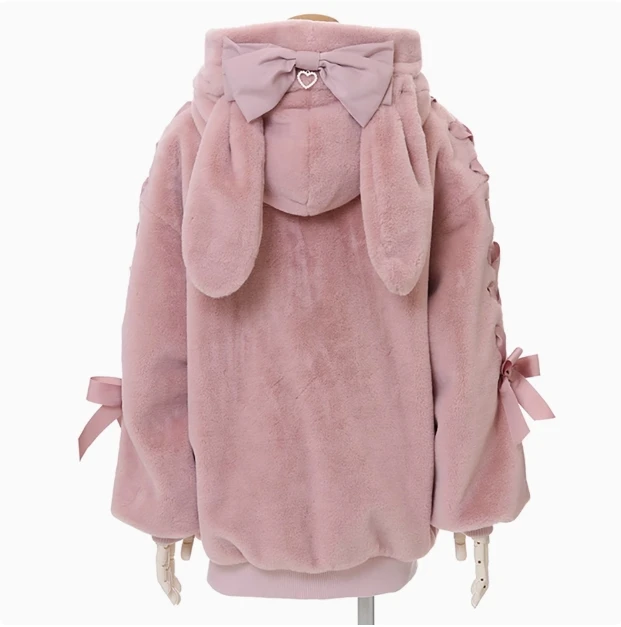 Autumn Winter New Mine Series Mass-Produced Furry Rabbit Ears Hooded Zipper Coat Lace-up Sweet Girls Loose Parka Jacket Overcoat