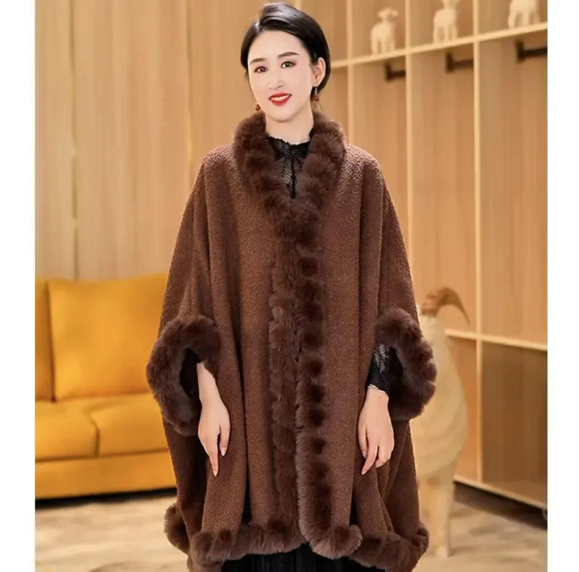 

Autumn and winter new woolen jacket, plush and thickened fashion fur collar to keep warm, loose large size cape, shawl outside