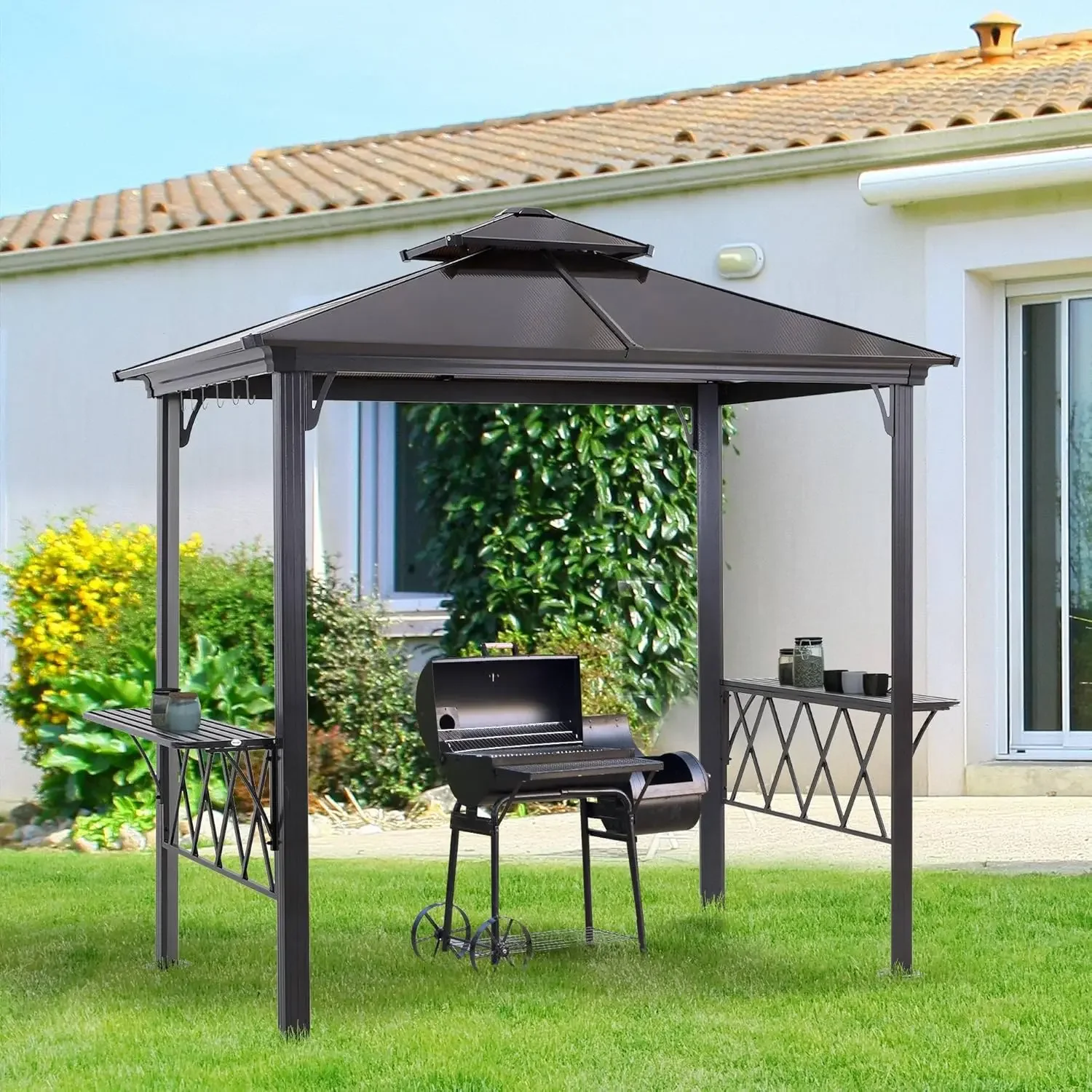 9' x 5' Grill Gazebo, Hardtop BBQ Gazebo Canopy with 2-Tier Polycarbonate Roof, Shelves Serving Tables and Hooks