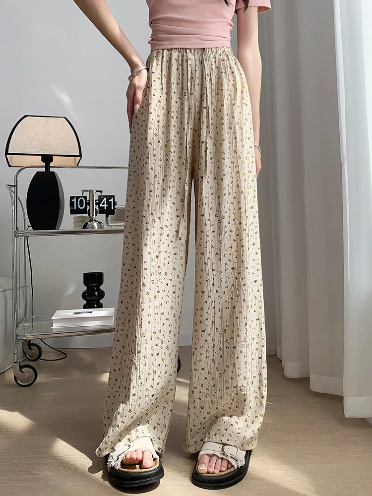 Chicly Floral Printed Sweet Casual Vintage Women Pants Summer Fashion Contrast Color Loose Simple Straight Female Wide Leg Pants