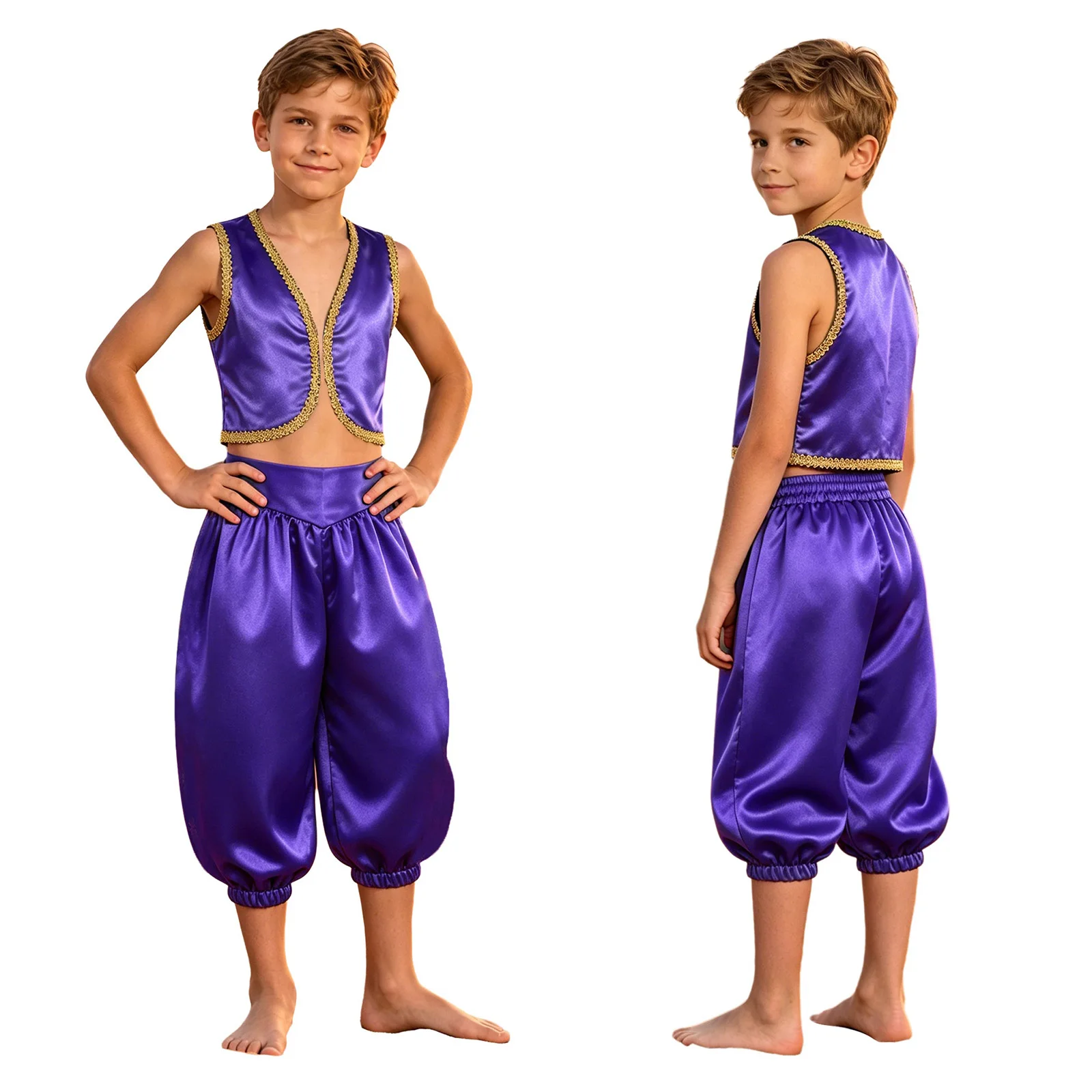 Kids Boys Halloween Arab Prince Cosplay Costume Open Front Satin Vest with Capri Pants Theme Party Lamp Elf Dress Up Clothes