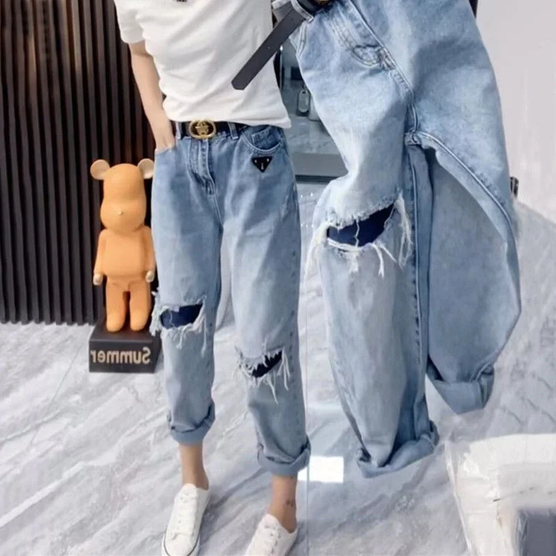 

High Waist Dad Jeans Women's Loose Slimming Fake Hole Harlan Pants Trendy Nine Points Jeans European And Korean Style