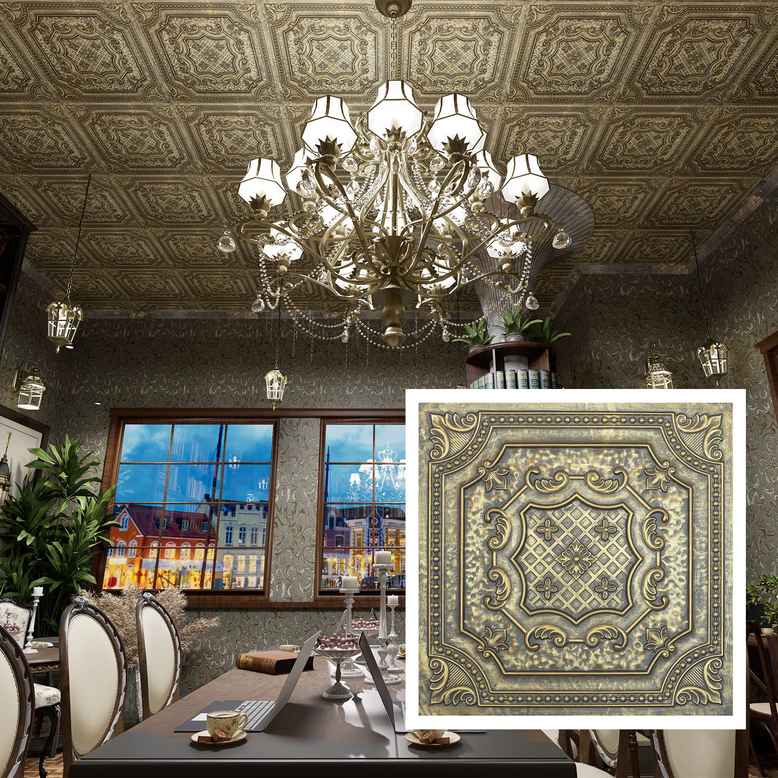 10Pcs Faux Painting Ceiling Tiles PVC Tin Wall Panels Easy Drop-In Installation for Cafe Club PL04 PL04