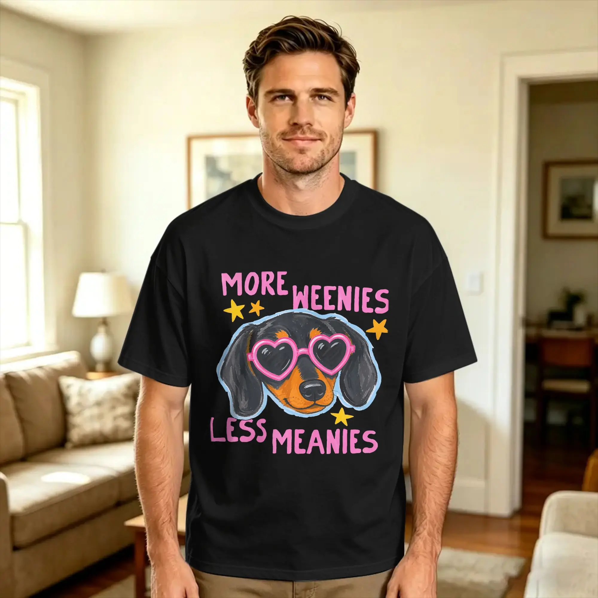 Cute More Weenies Less Meanies Funny Dachshund Dog Lover  T-Shirt Summer  Vintage T Shirts Cotton Popular Tee Shirt For Adult
