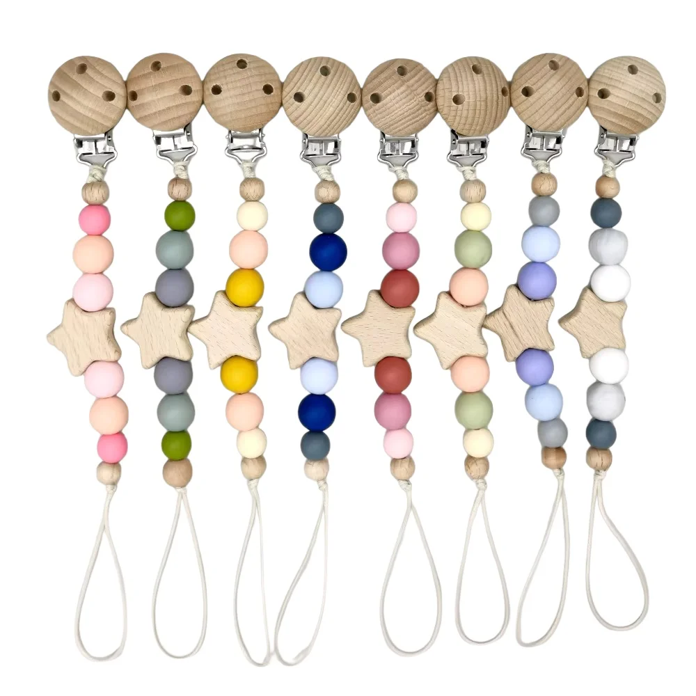 Baby Schnuller Clip Kette Holz Pentagramm Nippel Kauen Kinder Beißring Zahnen Geschenk