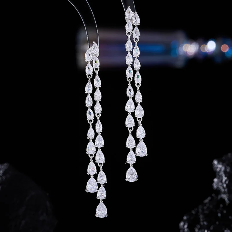 Luxury Long Dynamic Zircon Water Drop Tassel Earrings S925 Silver Needle Elegant Slimming Drops Luxurious Fashion Ear Jewelr