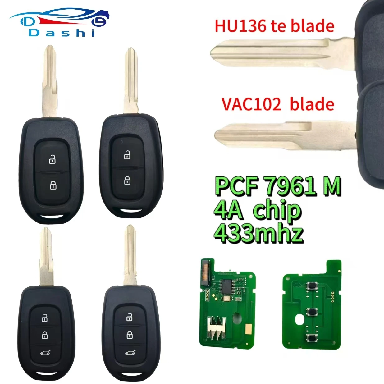 

Da Shi For Renault Sandero Logan Lodgy Dokker Dacia Duster Car Key 2/3bt 4A PCF7961M Chip 433Mhz VAC102/HU136te blade