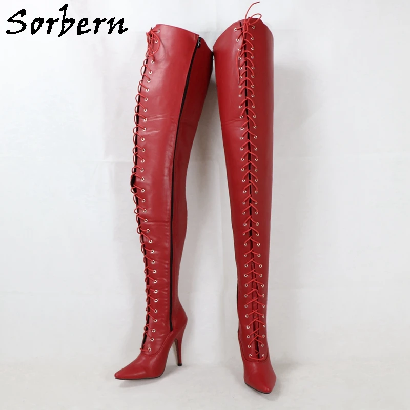 Sorbern Thick Shaft Hard Lace Up Boots Women Deep Red Matte Pointed Toe High Heel Stilettos Custom Wide Slim Fit Unisex Styles