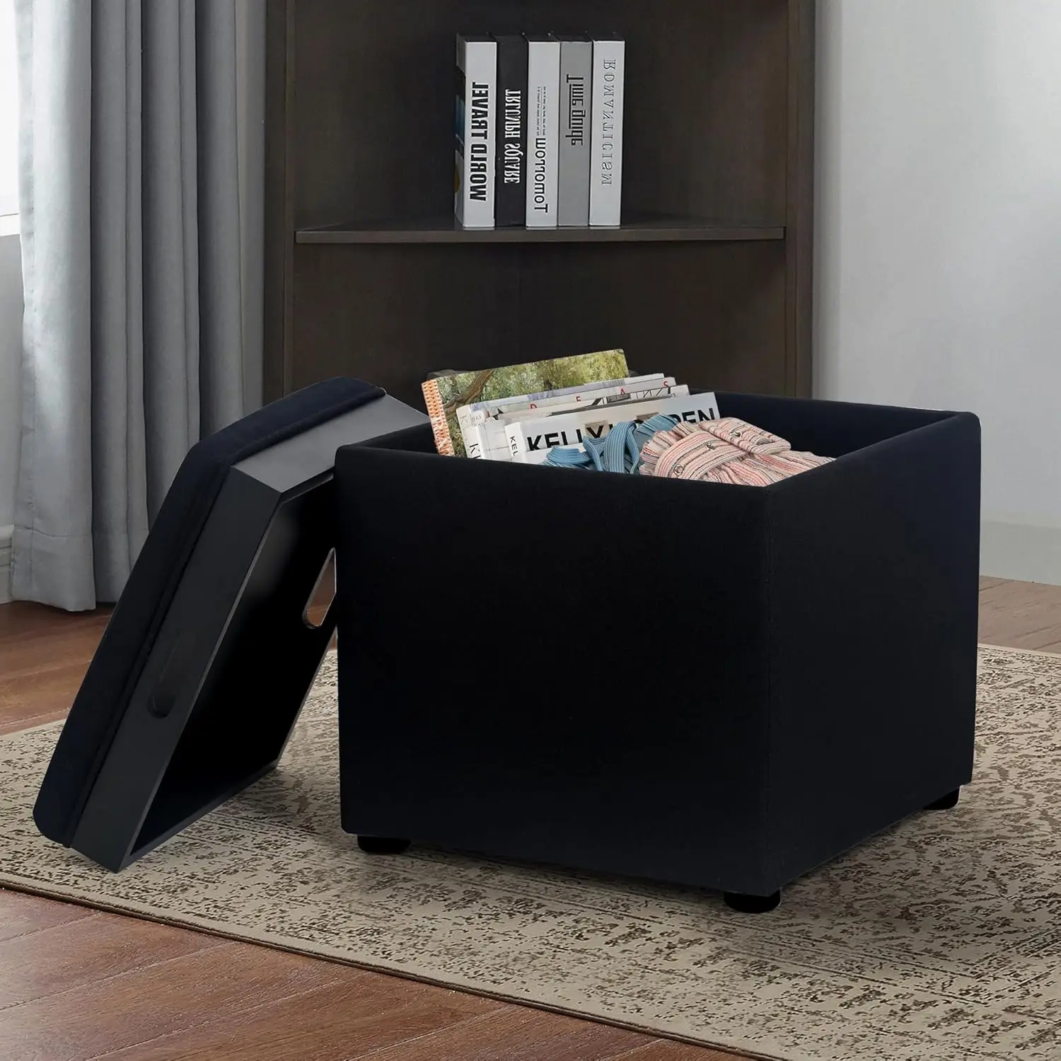 Storage Square Ottoman with Tray, Small Linen Foot Rest Stool Cube, Coffee Table for Dorm Living Room Bedroom, Black