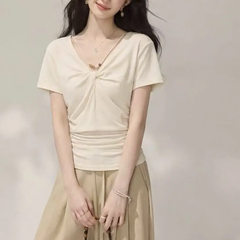 V-neck Twisted Short Sleeved T-shirt For Women Summer Pleated Waist Cinching Slim Fit And Slimming Top For Women
