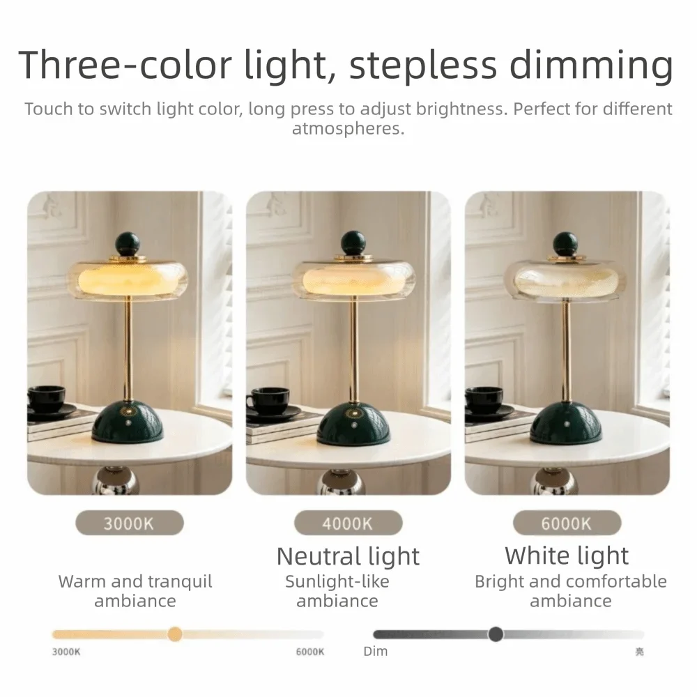Elegant Multi-Color Desk Lamp Rechargeable Touch Dimming Bedside Lamp Glass Flying Saucer LED Table Lamp Bedside