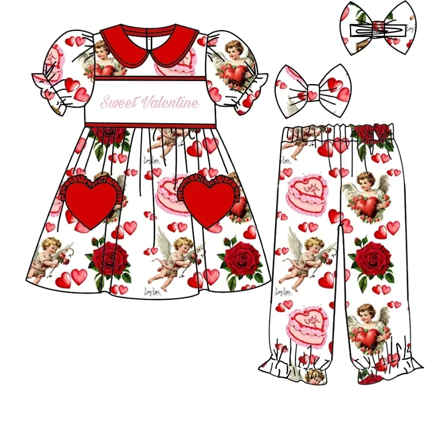 Valentine's Day boutique children's set lapel short-sleeved elastic heart letter cartoon printed trousers elastic girl boy set